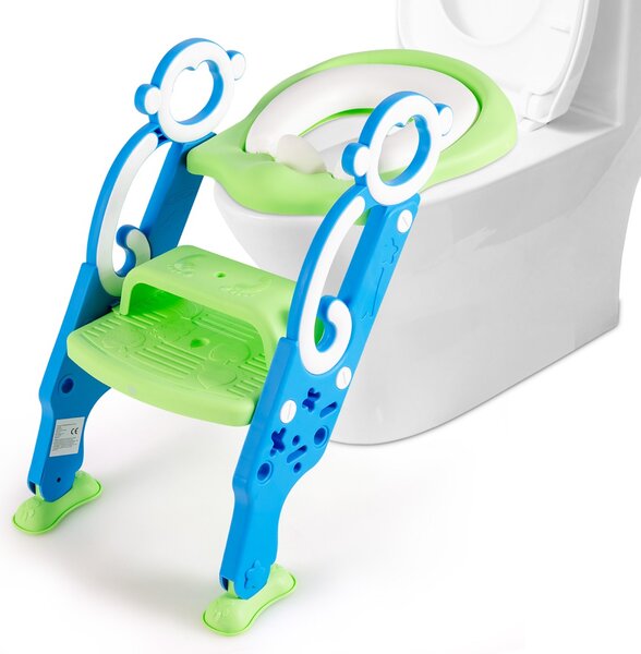 Costway Scaletta per WC per bambini con gradini ampi antiscivolo, Sgabello pieghevole con scala e maniglie Blu e verde