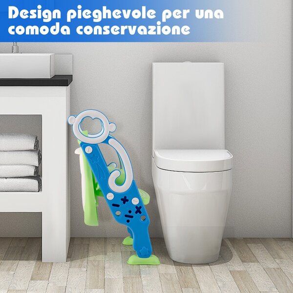 Costway Scaletta per WC per bambini con gradini ampi antiscivolo, Sgabello pieghevole con scala e maniglie Blu e verde