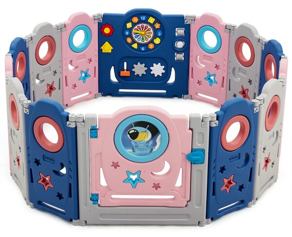 Costway Box multifunzionale con 14 pannelli e giocattoli educativi per bambini, Recinto portatile Blu e rosa