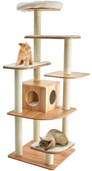 Costway Albero in truciolato per gatti con piattaforme multilivello, Albero attività con tiragraffi e colonne 179cm Naturale