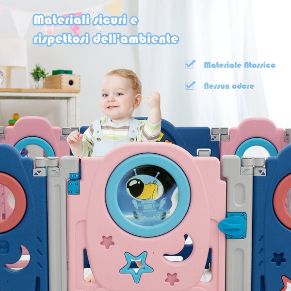 Costway Box multifunzionale con 14 pannelli e giocattoli educativi per bambini, Recinto portatile Blu e rosa