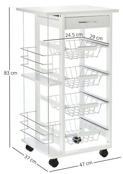 HOMCOM Carrello da Cucina Salvaspazio in Legno Bianco con 1 Piano di Lavoro 1 Cassetto e 4 Cestelli Metallici 47x37x83cm|Aosom