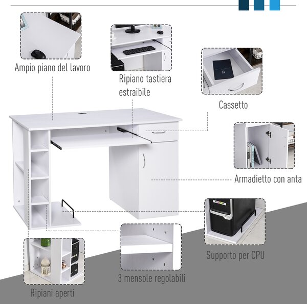 HOMCOM Scrivania per PC Ergonomica con Mensole, Armadietto, Cassetto e Piano Tastiera Estraibile, Bianca, 120x60x74cm|Aosom