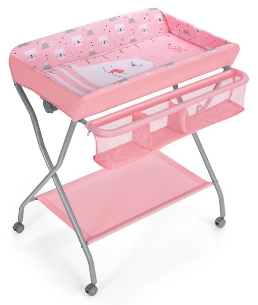 Costway Fasciatoio pieghevole per bambini con cesto ampio e mensola, Organizer nursery con ruote bloccabili Rosa