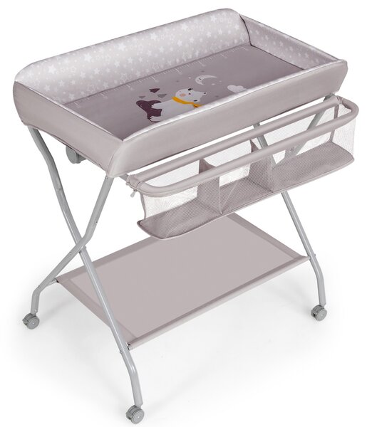 Costway Fasciatoio pieghevole per bambini con cesto ampio e mensola, Organizer nursery con ruote bloccabili Grigio