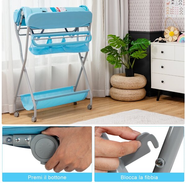 Costway Fasciatoio pieghevole per bambini con cesto ampio e mensola, Organizer nursery con ruote bloccabili Blu