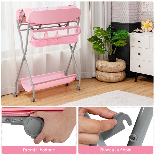 Costway Fasciatoio pieghevole per bambini con cesto ampio e mensola, Organizer nursery con ruote bloccabili Rosa