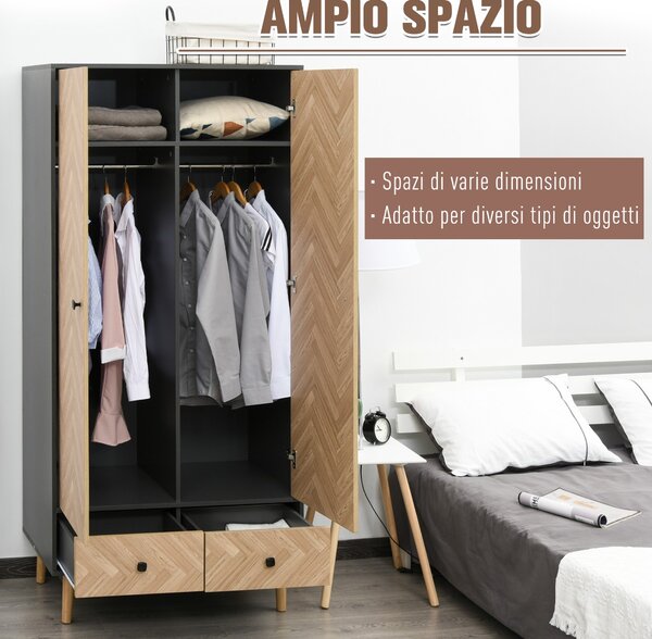 HOMCOM Armadio a Due Ante in Legno con 4 Vani, 2 Appendiabiti e Cassetti Grigio Scuro, 90x50x190cm|Aosom