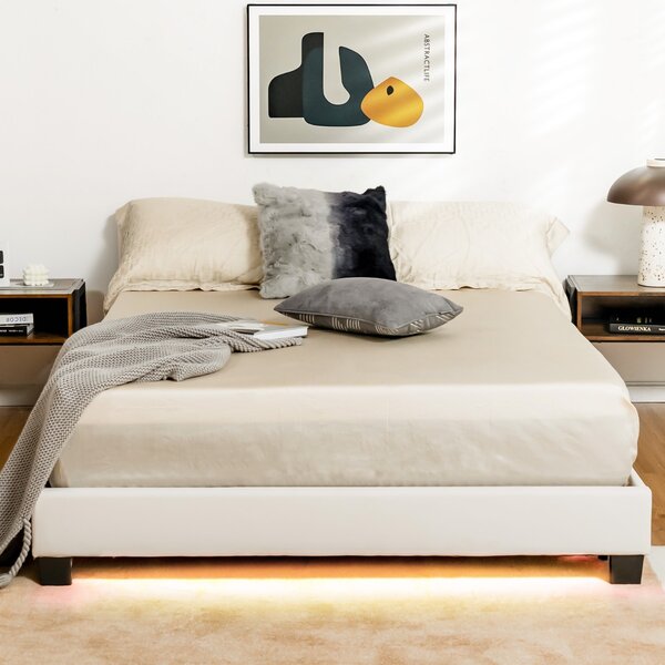 Costway Struttura moderna per letto matrimoniale con telecomando, Supporto a listoni di legno con luce LED multicolore