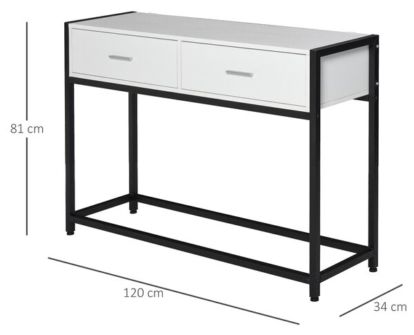 HOMCOM Tavolo Consolle per Ingresso con 2 Cassetti, Piano d'appoggio in Legno Bianco e Gambe in Metallo Nero 120x34x81cm