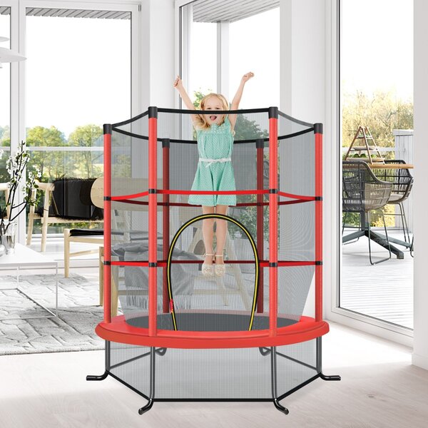 Costway Tappeto elastico per bambini con rete di sicurezza in acciaio resistente, Tappeto elastico con struttura Rosso