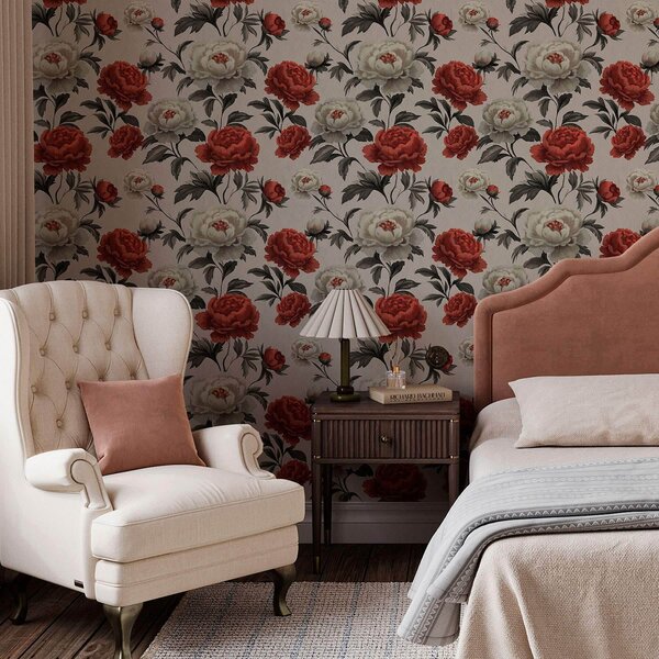 Carta da parati Peonie in stile retrò su sfondo beige, Parati fiori e piante classici, a00107 : Uwalls.it