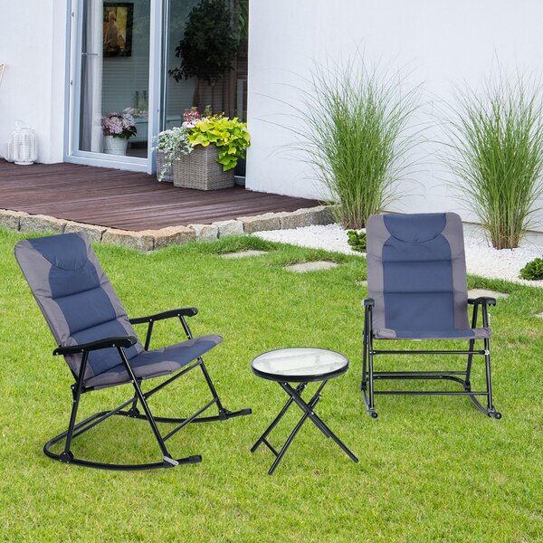 Costway Set di 3 mobili pieghevoli da esterno per cortile spiaggia piscina, Sedie con tavolino da caffè in vetro Blu
