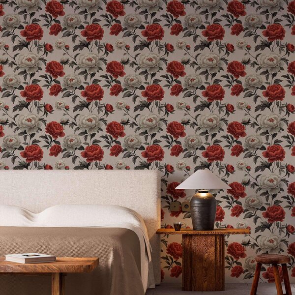 Carta da parati Peonie in stile retrò su sfondo beige, Parati fiori e piante classici, a00107 : Uwalls.it