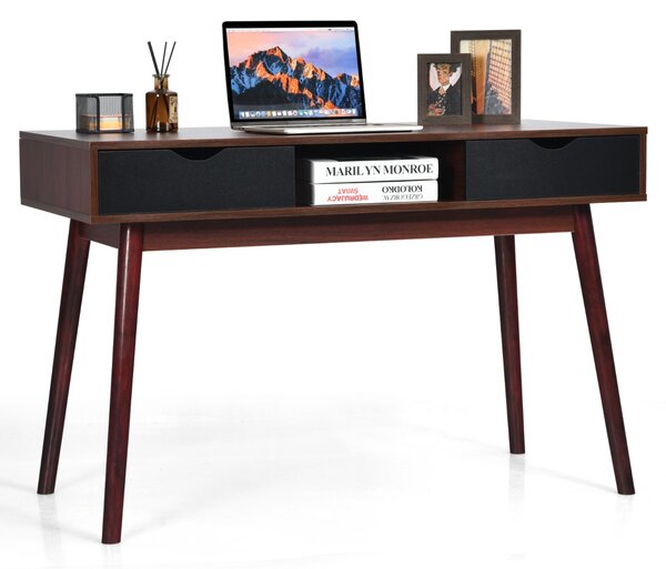 Costway Scrivania 120 cm per computer in solido legno con 2 cassetti, Postazione di lavoro per casa e ufficio Marrone