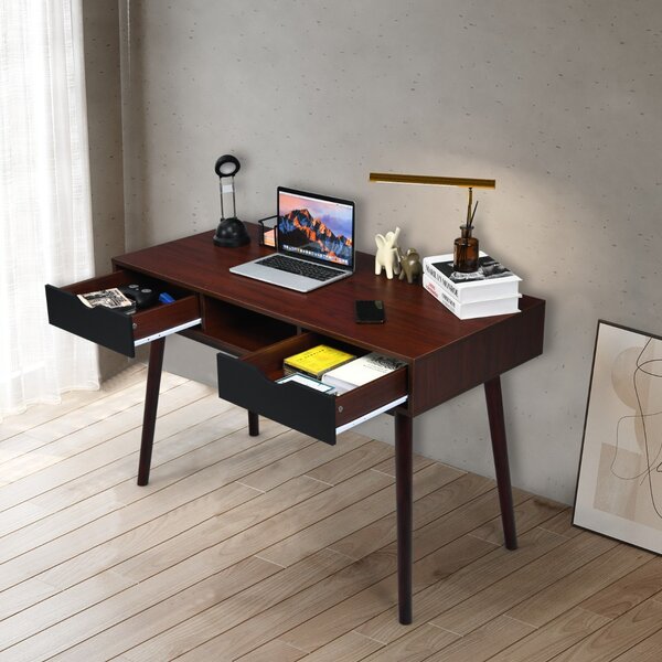 Costway Scrivania 120 cm per computer in solido legno con 2 cassetti, Postazione di lavoro per casa e ufficio Marrone