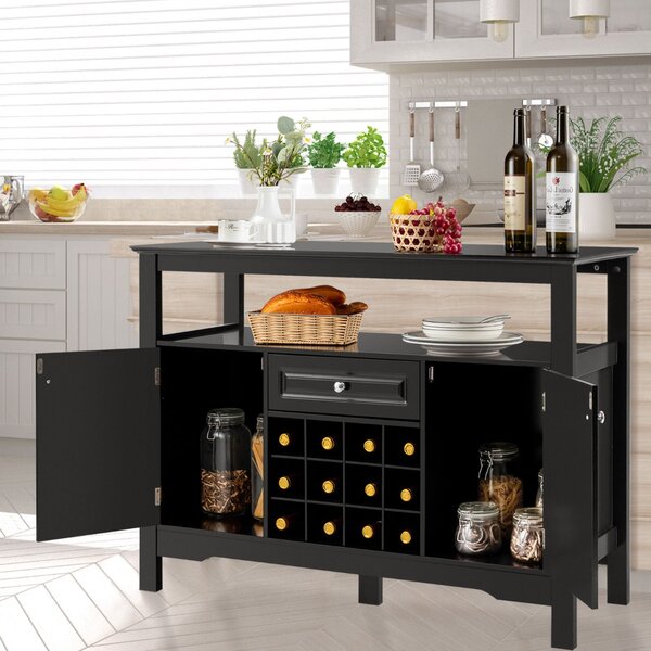 Costway Credenza per cucina con porta bottiglie di vino a forma incrociata, Mobile da cucina con mensola aperta Nero