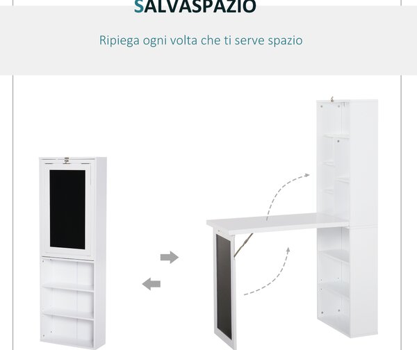 HOMCOM Scrivania Pieghevole con Libreria e Lavagna per Camera e Ufficio, Tavolo da Pranzo a Scomparsa Salvaspazio, Bianco, 98x51x153 cm|Aosom