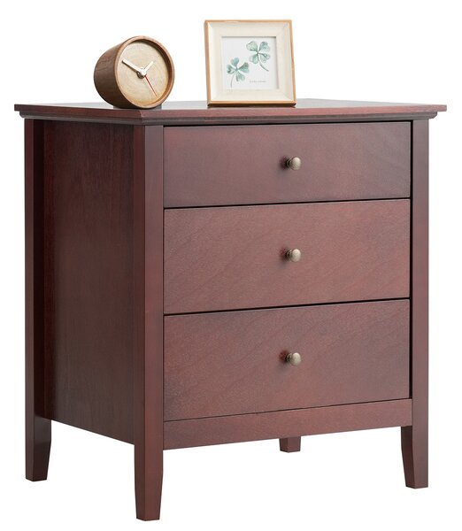 Costway Comodino moderno di legno con 3 cassetti e maniglie, Tavolino multiuso per casa salone camera da letto Marrone
