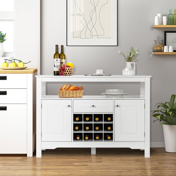 Costway Credenza per cucina con porta bottiglie di vino a forma incrociata, Mobile da cucina con mensola aperta Bianco