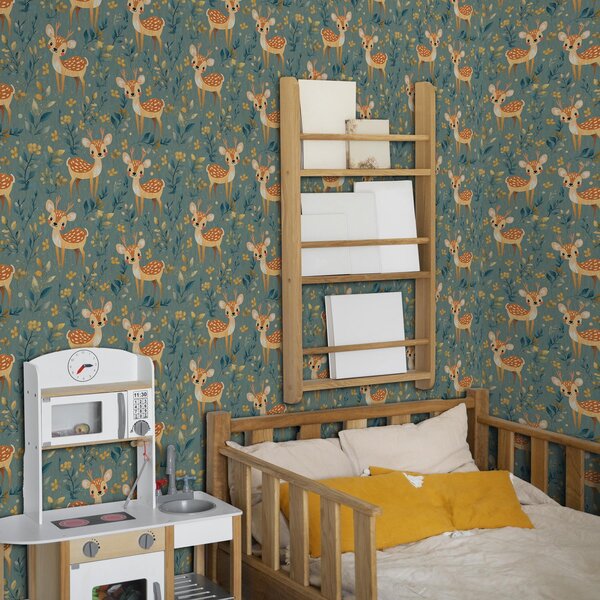 Carta da parati Piccolo cervo nella foresta con foglie, Parati per bambini classici, Parati classici per camerette bambini, a00124v1 : Uwalls.it