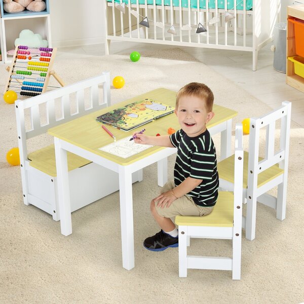 Costway Set tavolo attività di legno 2 in 1 con 2 sedie e 1 panca, Set 4 pezzi tavolo e sedie per bambini Naturale