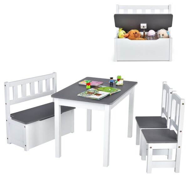 Costway Set tavolo attività di legno 2 in 1 con 2 sedie e 1 panca, Set 4 pezzi tavolo e sedie per bambini Grigio