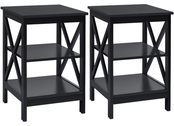Costway Set di 2 Tavolini a 3 ripiani da soggiorno Comodini in legno con mensola 40X40X61cm Nero