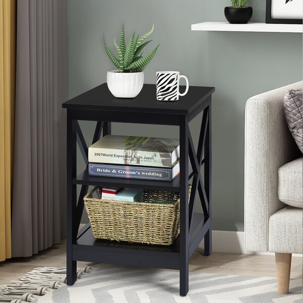 Costway Set di 2 Tavolini a 3 ripiani da soggiorno Comodini in legno con mensola 40X40X61cm Nero