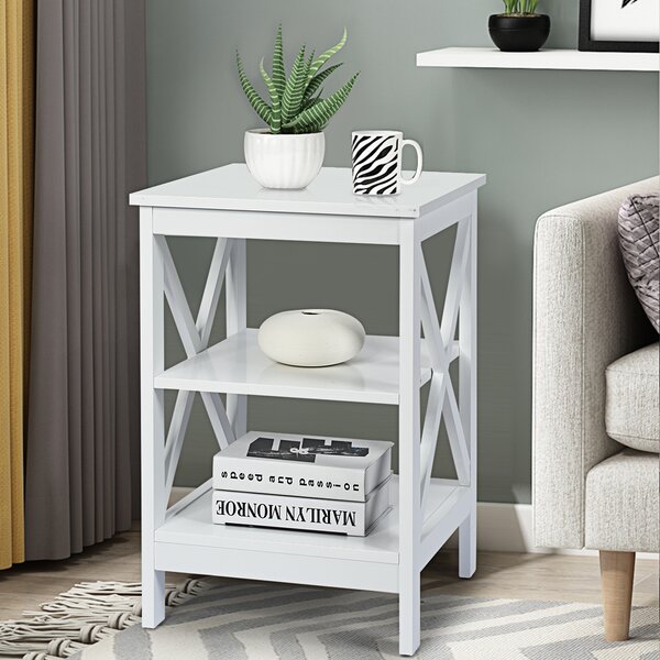 Costway Set di 2 Tavolini a 3 ripiani da soggiorno Comodini in legno con mensola 40X40X61cm Bianco