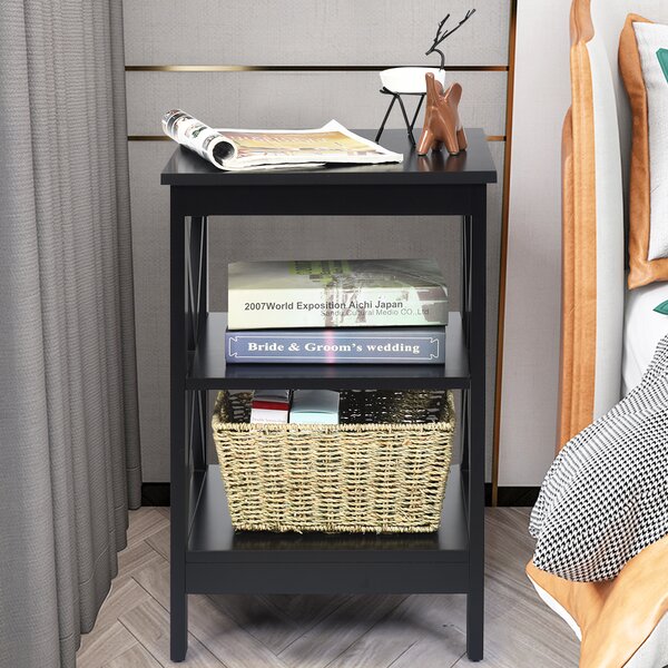 Costway Set di 2 Tavolini a 3 ripiani da soggiorno Comodini in legno con mensola 40X40X61cm Nero