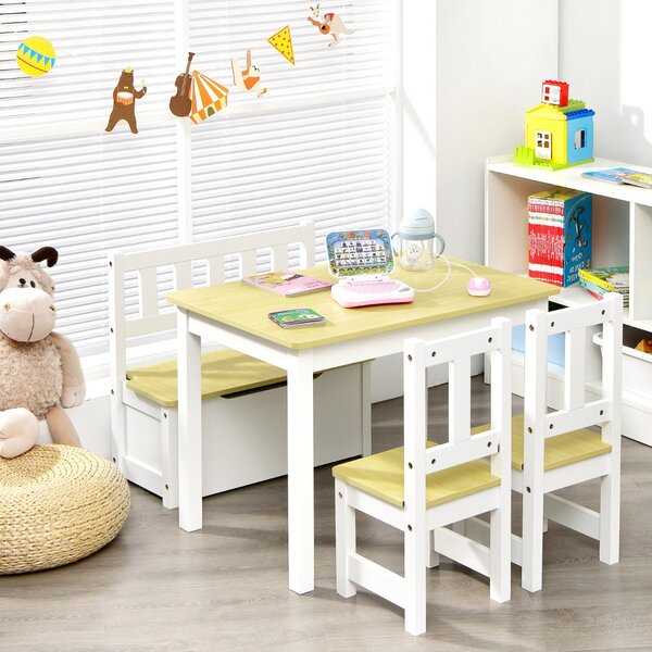 Costway Set tavolo attività di legno 2 in 1 con 2 sedie e 1 panca, Set 4 pezzi tavolo e sedie per bambini Naturale