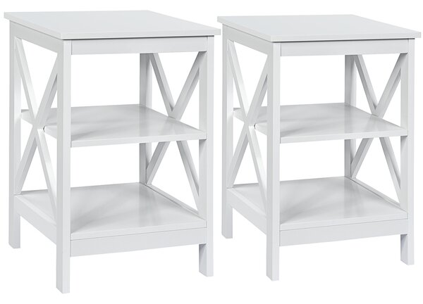 Costway Set di 2 Tavolini a 3 ripiani da soggiorno Comodini in legno con mensola 40X40X61cm Bianco