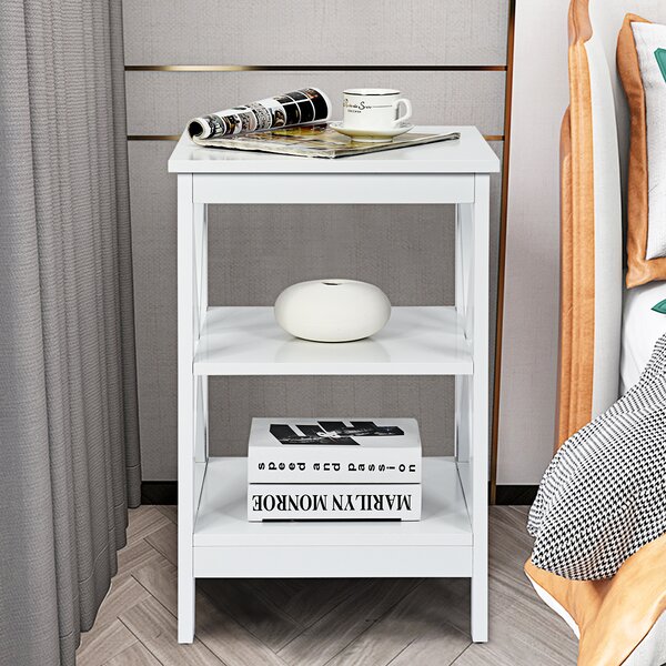 Costway Set di 2 Tavolini a 3 ripiani da soggiorno Comodini in legno con mensola 40X40X61cm Bianco