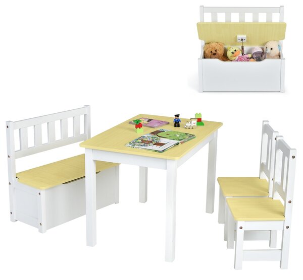 Costway Set tavolo attività di legno 2 in 1 con 2 sedie e 1 panca, Set 4 pezzi tavolo e sedie per bambini Naturale