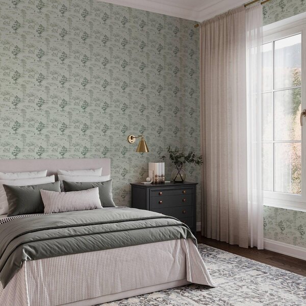 Carta da parati Scena con cavalli, alberi e castello su sfondo verde, Parati stile vintage classici, a00133v1 : Uwalls.it
