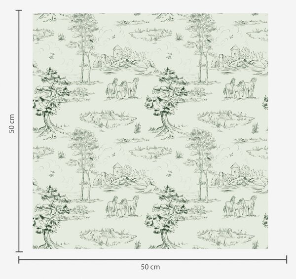 Carta da parati Scena con cavalli, alberi e castello su sfondo verde, Parati stile vintage classici, a00133v1 : Uwalls.it