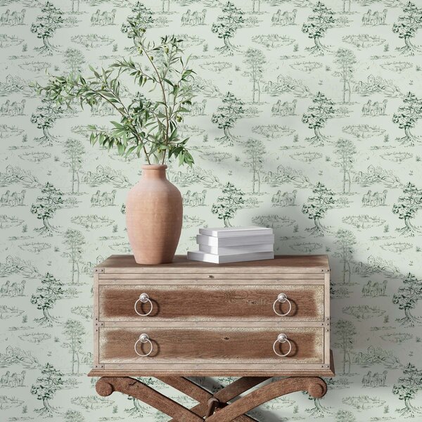 Carta da parati Scena con cavalli, alberi e castello su sfondo verde, Parati stile vintage classici, a00133v1 : Uwalls.it