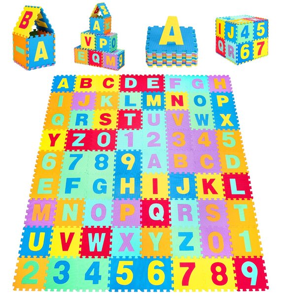 Costway Tappetino puzzle in EVA con 72 pezzi per bambini e neonati, Tappetino in schiuma con alfabeto e numeri staccabili