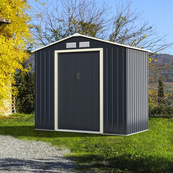 Costway Capanno degli attrezzi di metallo con 4 sfiati e ante singole scorrevoli, Casetta da giardino 213x127x195cm