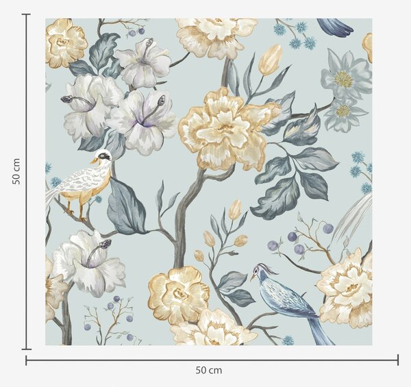 Carta da parati Fiori e uccelli su sfondo blu, Parati classici in stile inglese, a00134 : Uwalls.it