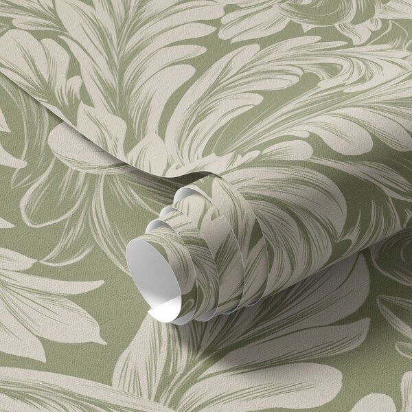 Carta da parati Barocco con foglie color crema su sfondo verde, Parati fiori e piante classici, a00135 : Uwalls.it
