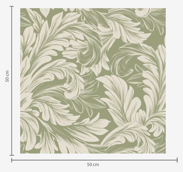 Carta da parati Barocco con foglie color crema su sfondo verde, Parati fiori e piante classici, a00135 : Uwalls.it