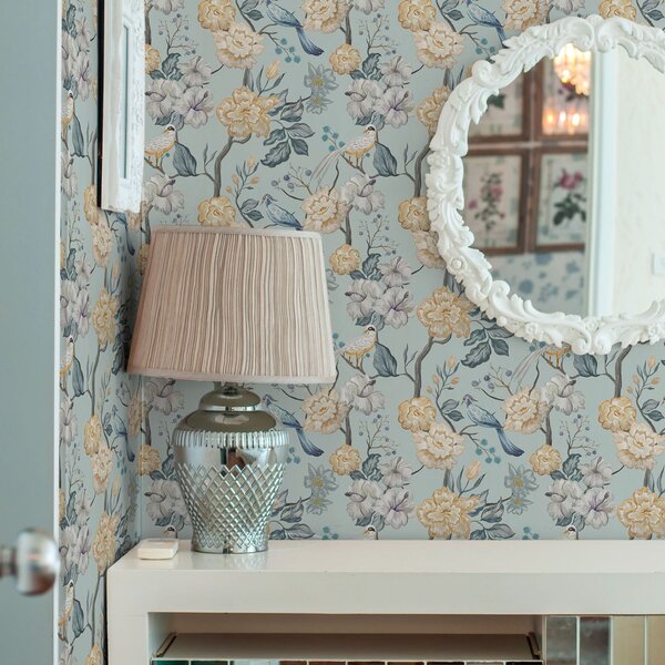 Carta da parati Fiori e uccelli su sfondo blu, Parati classici in stile inglese, a00134 : Uwalls.it