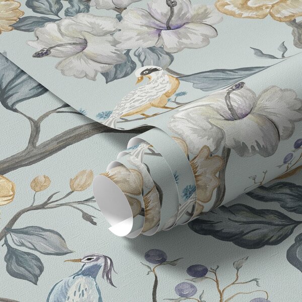 Carta da parati Fiori e uccelli su sfondo blu, Parati classici in stile inglese, a00134 : Uwalls.it