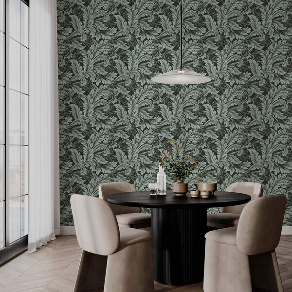 Carta da parati Sfondo verde scuro con riccioli di menta, Parati fiori e piante classici, a00135v4 : Uwalls.it