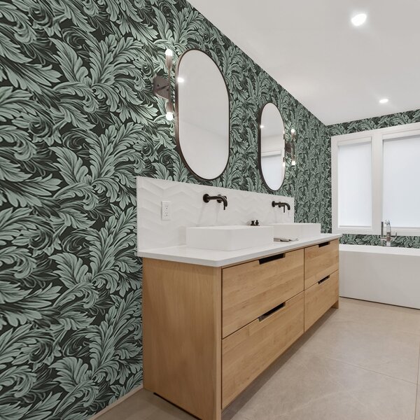 Carta da parati Sfondo verde scuro con riccioli di menta, Parati fiori e piante classici, a00135v4 : Uwalls.it