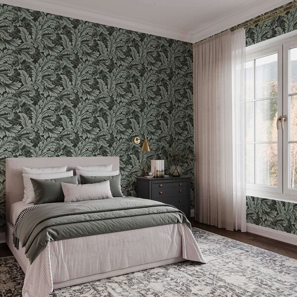 Carta da parati Sfondo verde scuro con riccioli di menta, Parati fiori e piante classici, a00135v4 : Uwalls.it