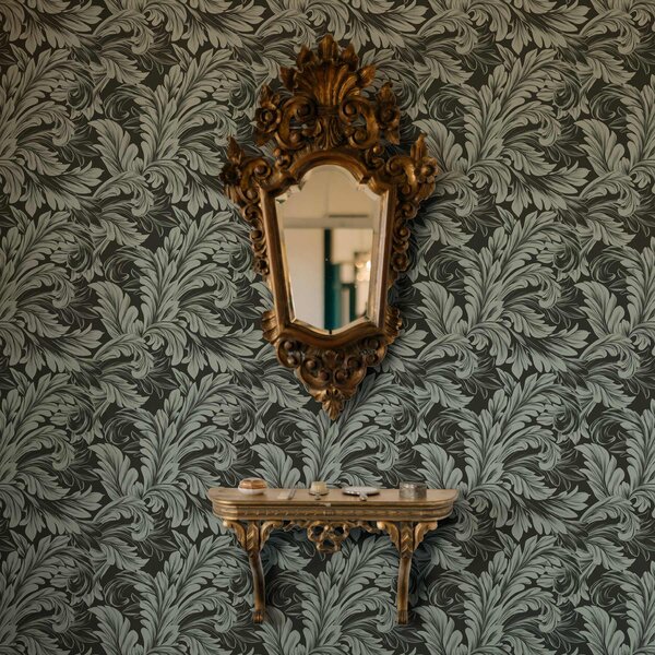 Carta da parati Sfondo verde scuro con riccioli di menta, Parati fiori e piante classici, a00135v4 : Uwalls.it