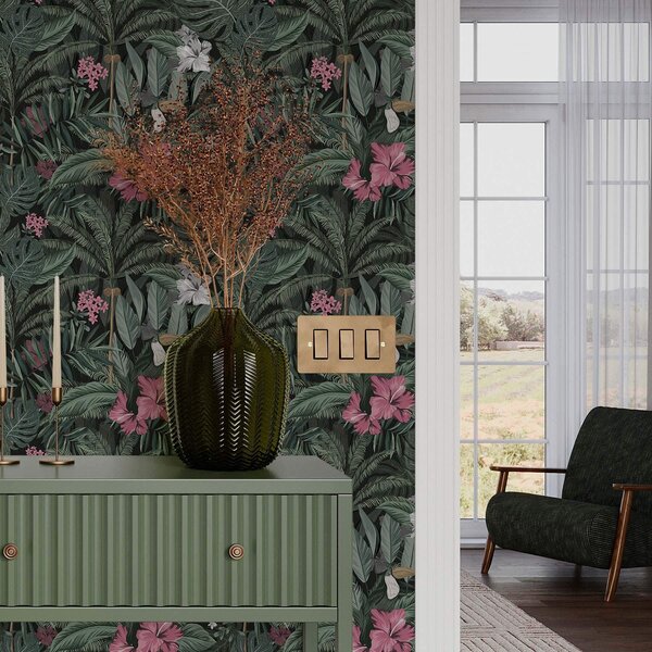 Carta da parati Foglie e uccelli tropicali su sfondo scuro, Parati fiori e piante classici, a00140 : Uwalls.it